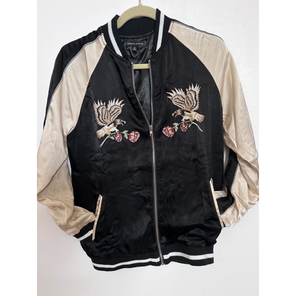 Kendall & Kylie Satin Bomber Jacket S Eagle Rose Embroidered Black Cream